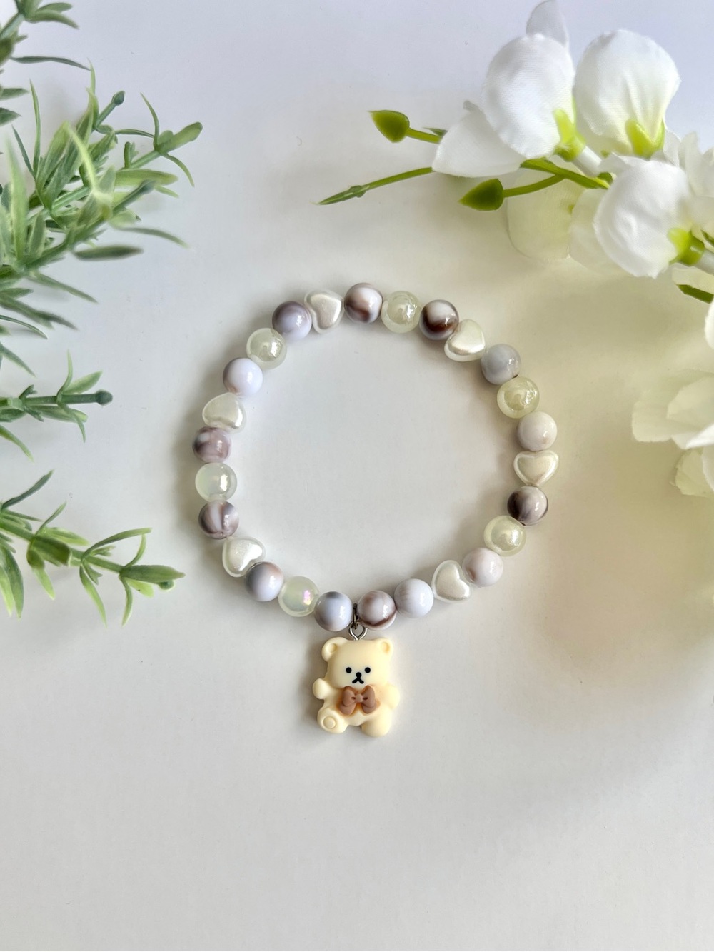 Handmade Cute Bear Charm Beaded Bracelet - White & Cream
